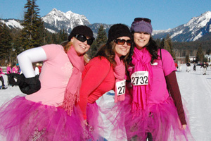 Pink-clad snowshoers add color and fun to the 2010 Tubb’s Romp to Stomp. Photo by Carolyn Price